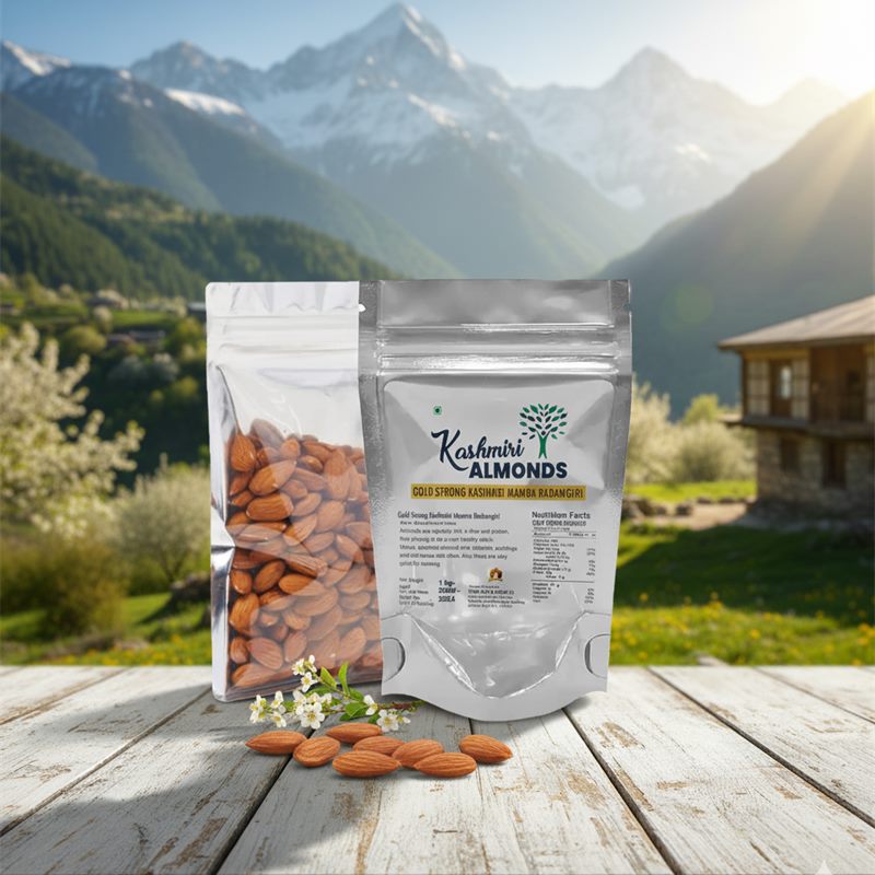 Gold Strong Kashmiri Mamra Almonds pouches with Kashmir mountains behind