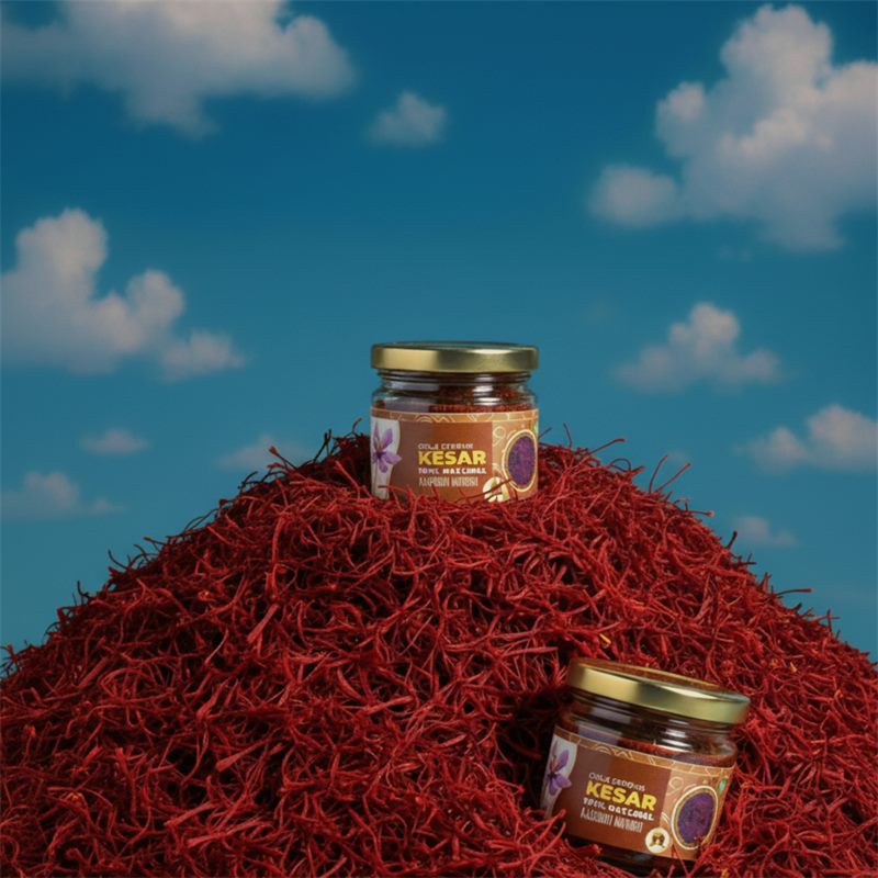 Gold Strong Kashmiri Mongra Kesar jars on a heap of saffron threads