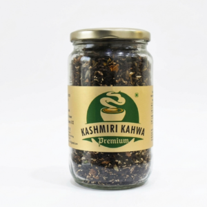 Gold Strong Kashmiri Kahwa Premium 200g glass jar with golden lid – front label