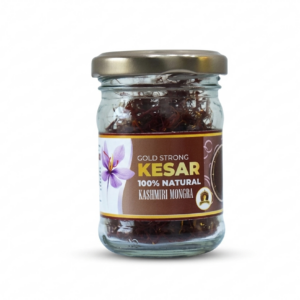 Gold Strong Kashmiri Mongra Kesar 10g glass jar – front label