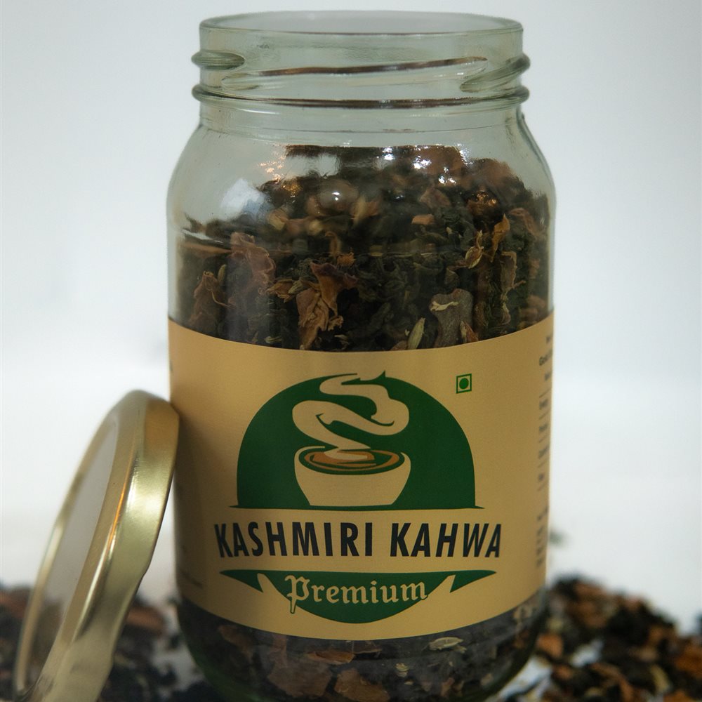 Gold Strong Kashmiri Kahwa Premium tea jar with loose kahwa leaves
